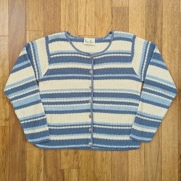 Reba Rose Sweaters - VTG 90s Y2K Blue & Cream White Striped Knit Long-Sleeve Oversized Cardigan